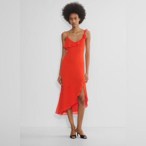 Wilfred Dresses & Skirts - Aritzia Wilfred Engage Dress Red/Orange Rosette Ruffle Asymmetrical Slip Dress